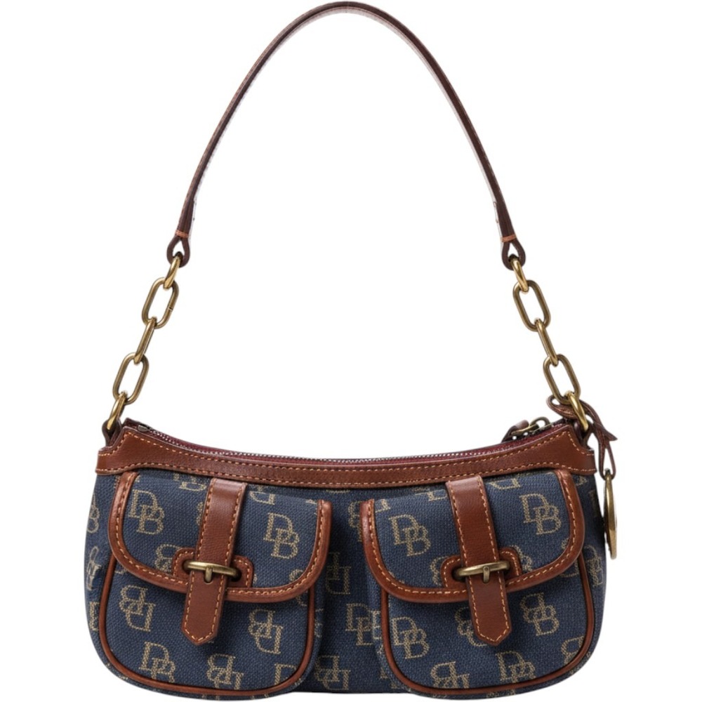 Vtg Dooney & Bourke Denim Monogram Shoulder Banana Bag 90s Y2k